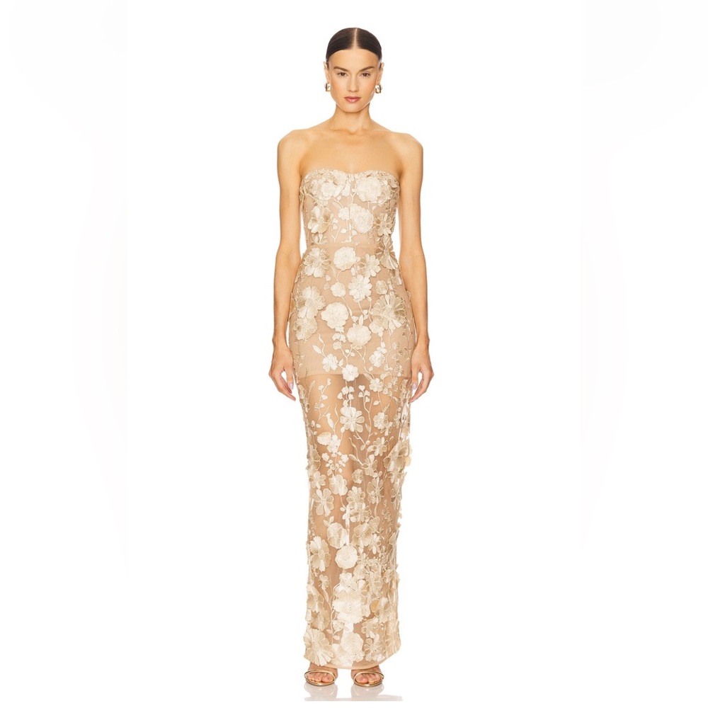 Bronx and Banco Strapless Floral Dress in Cream and Tan